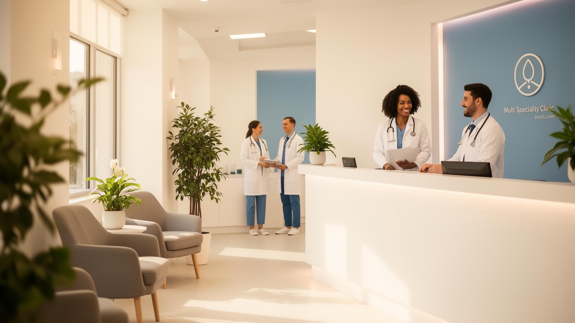 Modern clinic reception with friendly medical staff